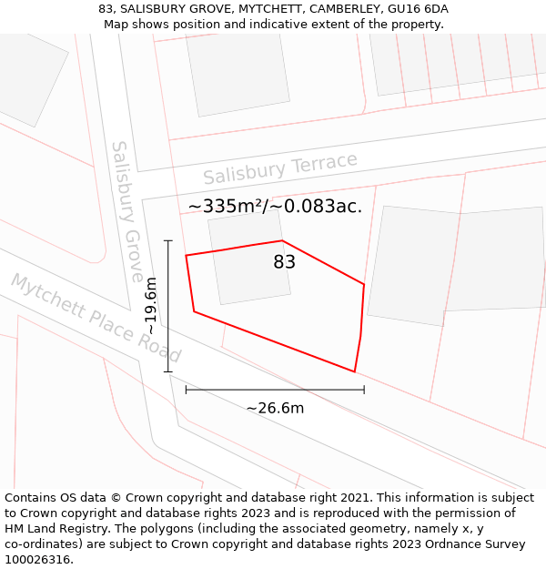 83, SALISBURY GROVE, MYTCHETT, CAMBERLEY, GU16 6DA: Plot and title map