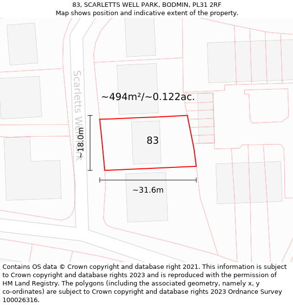 83, SCARLETTS WELL PARK, BODMIN, PL31 2RF: Plot and title map