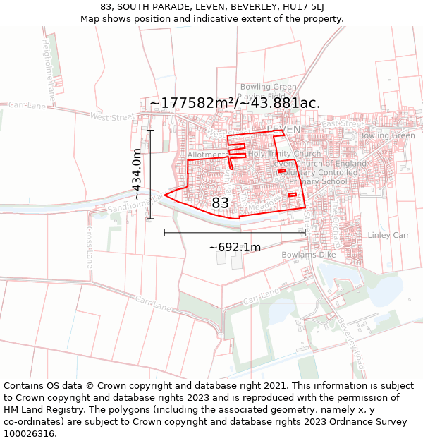 83, SOUTH PARADE, LEVEN, BEVERLEY, HU17 5LJ: Plot and title map