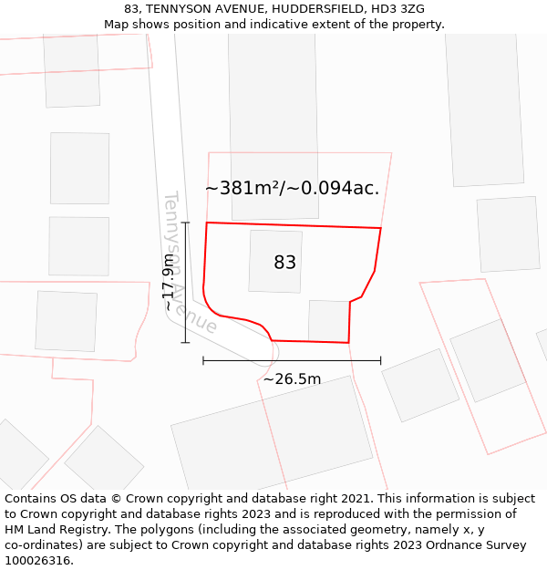 83, TENNYSON AVENUE, HUDDERSFIELD, HD3 3ZG: Plot and title map