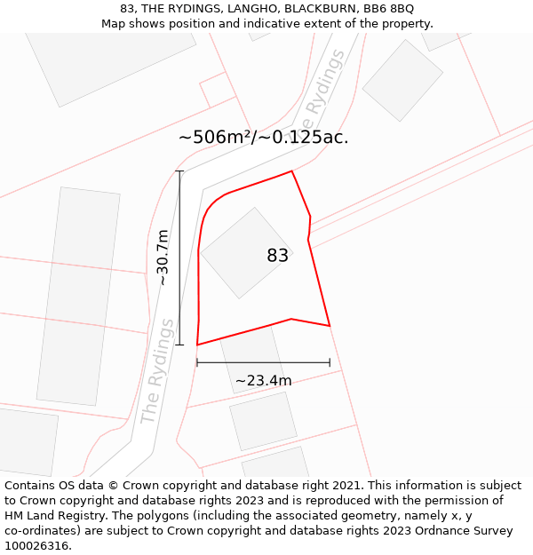 83, THE RYDINGS, LANGHO, BLACKBURN, BB6 8BQ: Plot and title map