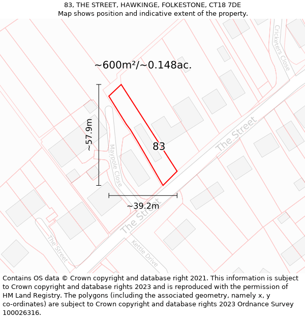 83, THE STREET, HAWKINGE, FOLKESTONE, CT18 7DE: Plot and title map