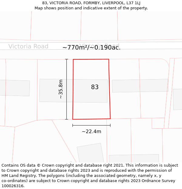 83, VICTORIA ROAD, FORMBY, LIVERPOOL, L37 1LJ: Plot and title map