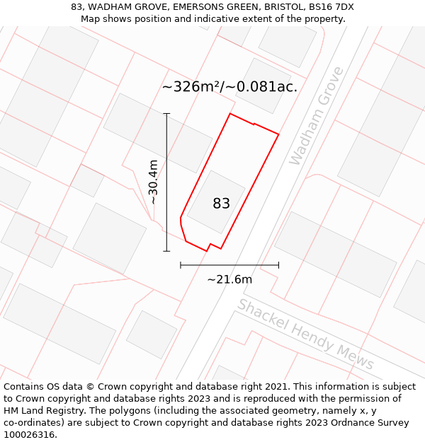 83, WADHAM GROVE, EMERSONS GREEN, BRISTOL, BS16 7DX: Plot and title map