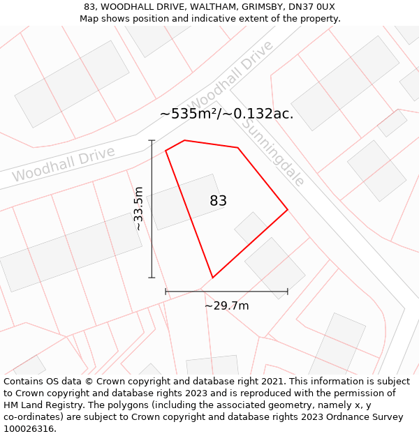 83, WOODHALL DRIVE, WALTHAM, GRIMSBY, DN37 0UX: Plot and title map