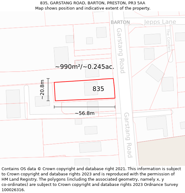 835, GARSTANG ROAD, BARTON, PRESTON, PR3 5AA: Plot and title map