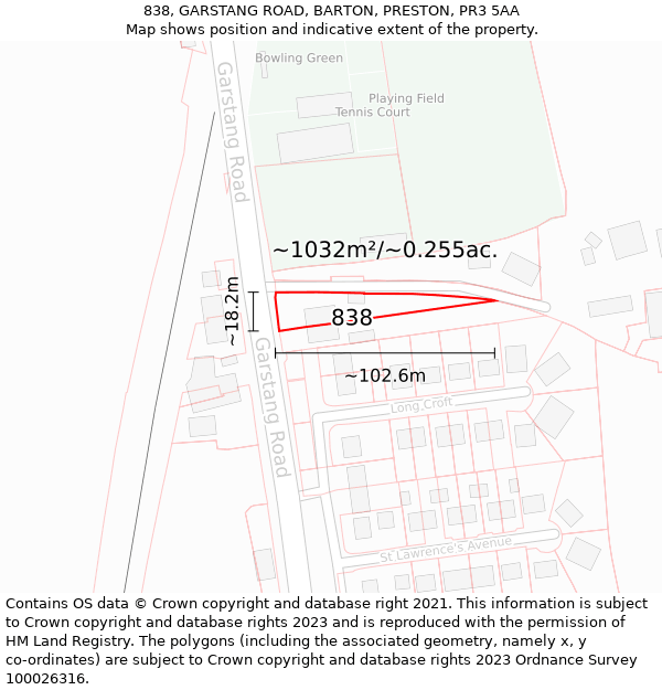 838, GARSTANG ROAD, BARTON, PRESTON, PR3 5AA: Plot and title map