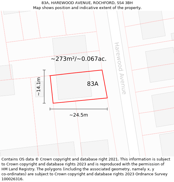 83A, HAREWOOD AVENUE, ROCHFORD, SS4 3BH: Plot and title map