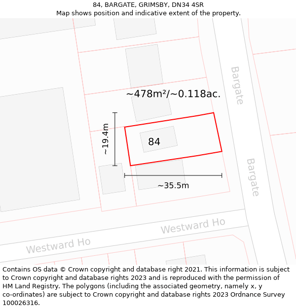84, BARGATE, GRIMSBY, DN34 4SR: Plot and title map