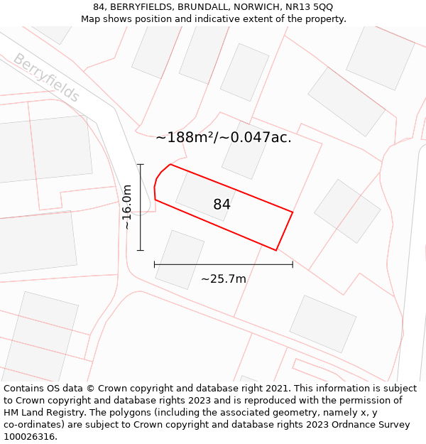 84, BERRYFIELDS, BRUNDALL, NORWICH, NR13 5QQ: Plot and title map