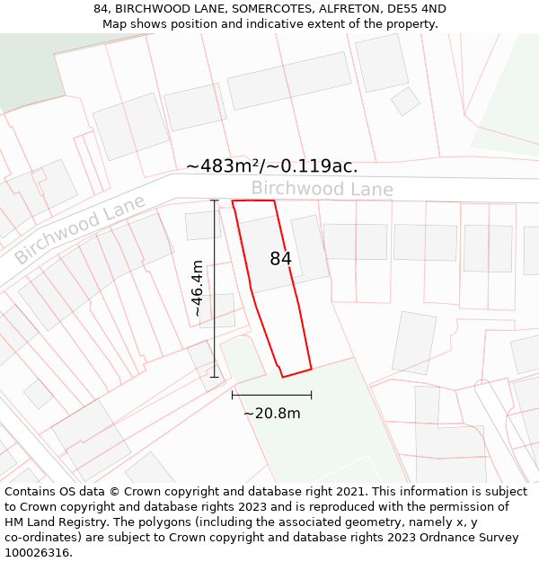 84, BIRCHWOOD LANE, SOMERCOTES, ALFRETON, DE55 4ND: Plot and title map