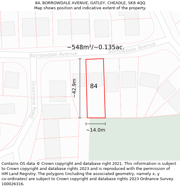 84, BORROWDALE AVENUE, GATLEY, CHEADLE, SK8 4QQ: Plot and title map