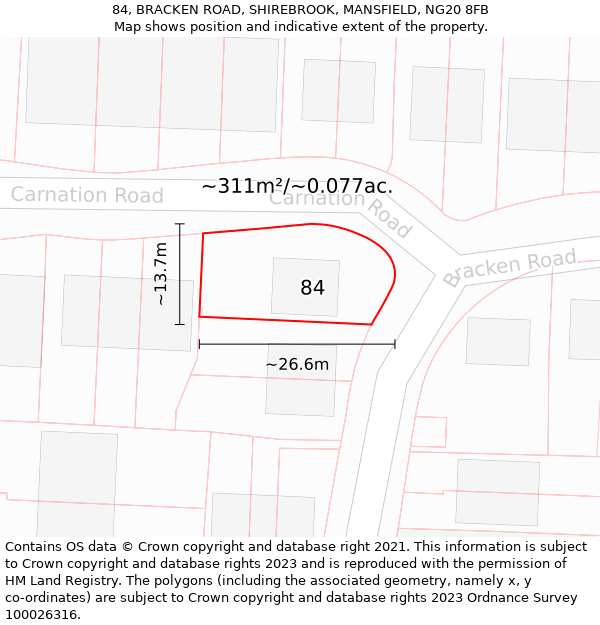 84, BRACKEN ROAD, SHIREBROOK, MANSFIELD, NG20 8FB: Plot and title map