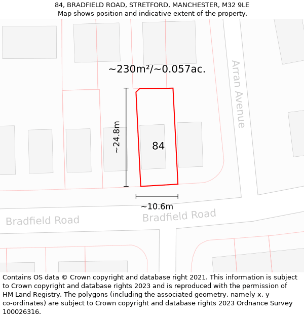 84, BRADFIELD ROAD, STRETFORD, MANCHESTER, M32 9LE: Plot and title map