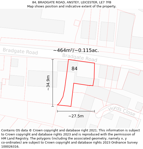 84, BRADGATE ROAD, ANSTEY, LEICESTER, LE7 7FB: Plot and title map