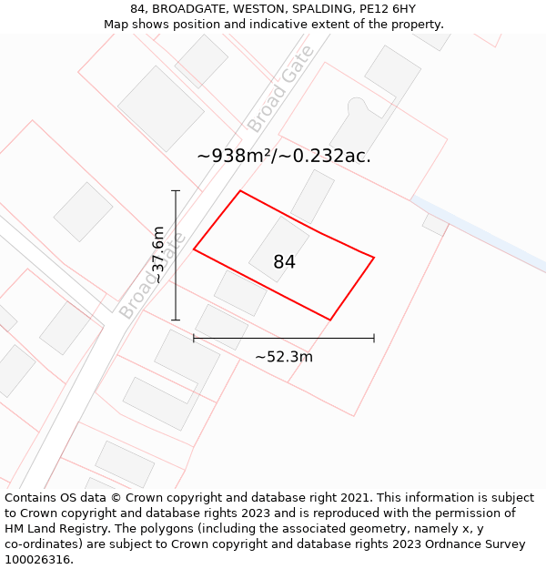 84, BROADGATE, WESTON, SPALDING, PE12 6HY: Plot and title map