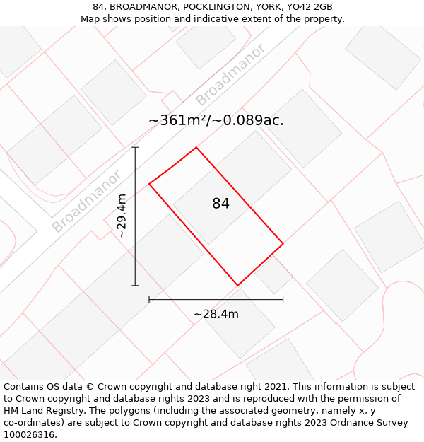 84, BROADMANOR, POCKLINGTON, YORK, YO42 2GB: Plot and title map