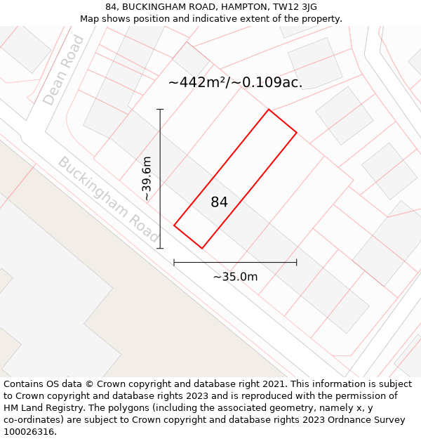 84, BUCKINGHAM ROAD, HAMPTON, TW12 3JG: Plot and title map