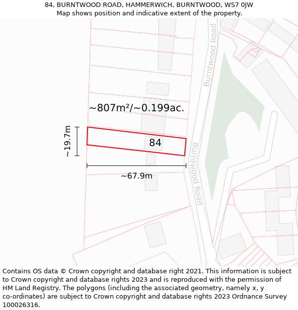 84, BURNTWOOD ROAD, HAMMERWICH, BURNTWOOD, WS7 0JW: Plot and title map