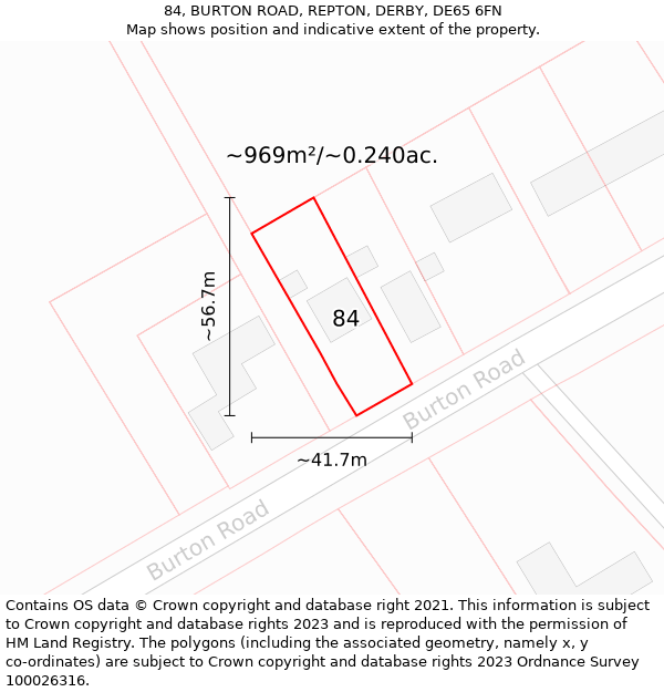 84, BURTON ROAD, REPTON, DERBY, DE65 6FN: Plot and title map