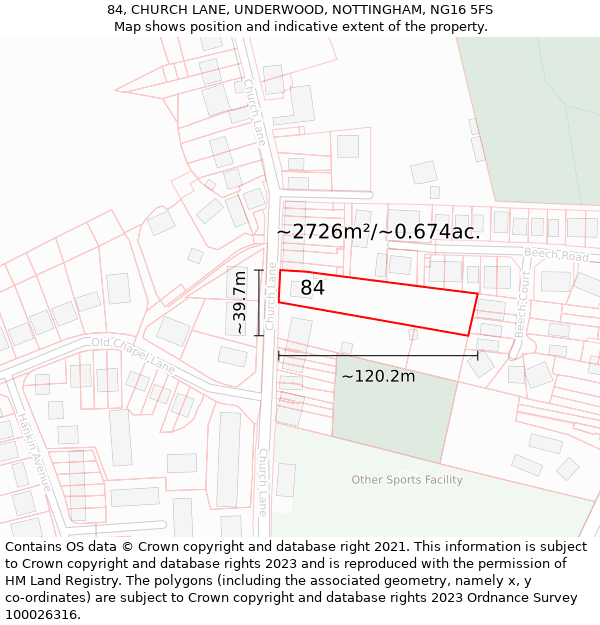 84, CHURCH LANE, UNDERWOOD, NOTTINGHAM, NG16 5FS: Plot and title map