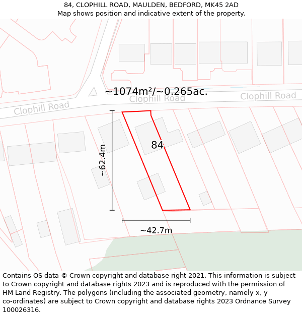 84, CLOPHILL ROAD, MAULDEN, BEDFORD, MK45 2AD: Plot and title map