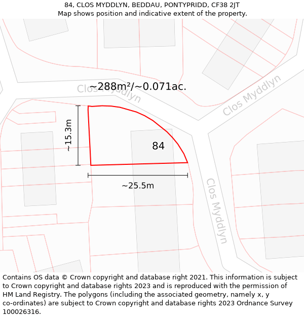 84, CLOS MYDDLYN, BEDDAU, PONTYPRIDD, CF38 2JT: Plot and title map