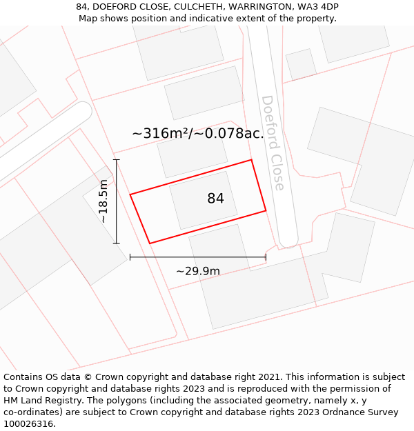 84, DOEFORD CLOSE, CULCHETH, WARRINGTON, WA3 4DP: Plot and title map