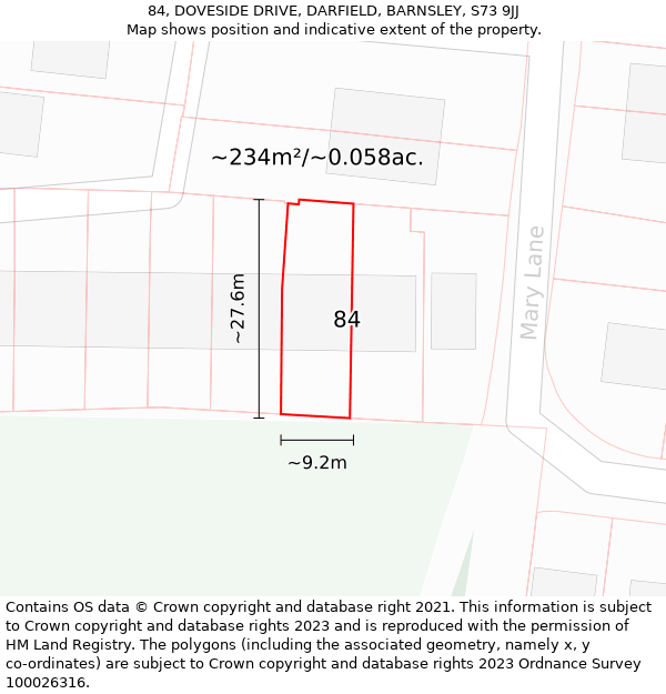 84, DOVESIDE DRIVE, DARFIELD, BARNSLEY, S73 9JJ: Plot and title map