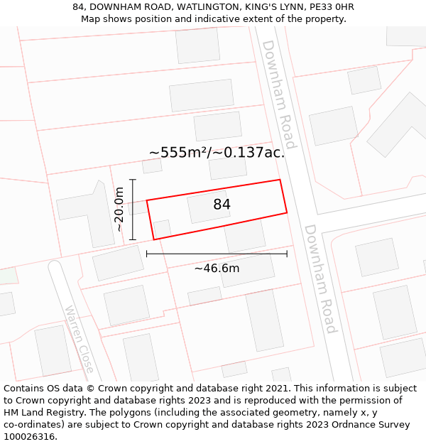 84, DOWNHAM ROAD, WATLINGTON, KING'S LYNN, PE33 0HR: Plot and title map