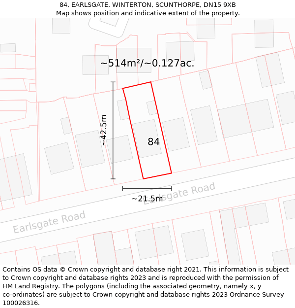 84, EARLSGATE, WINTERTON, SCUNTHORPE, DN15 9XB: Plot and title map