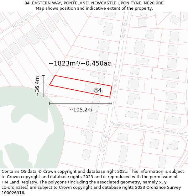 84, EASTERN WAY, PONTELAND, NEWCASTLE UPON TYNE, NE20 9RE: Plot and title map