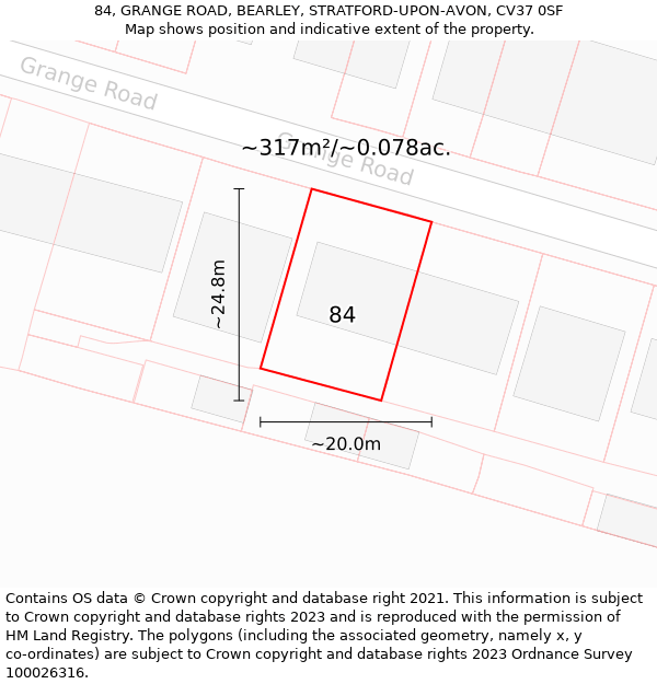 84, GRANGE ROAD, BEARLEY, STRATFORD-UPON-AVON, CV37 0SF: Plot and title map