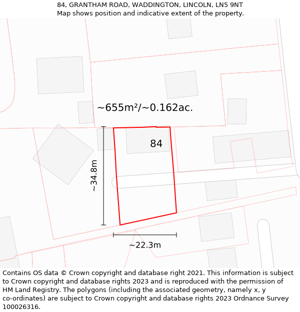 84, GRANTHAM ROAD, WADDINGTON, LINCOLN, LN5 9NT: Plot and title map