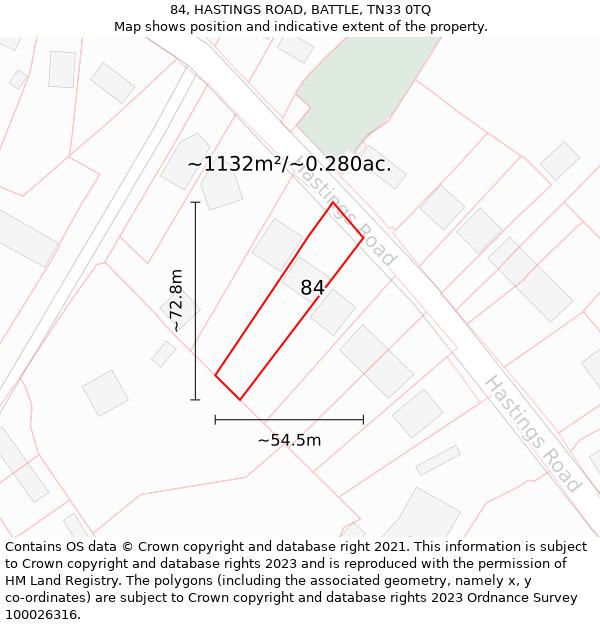 84, HASTINGS ROAD, BATTLE, TN33 0TQ: Plot and title map