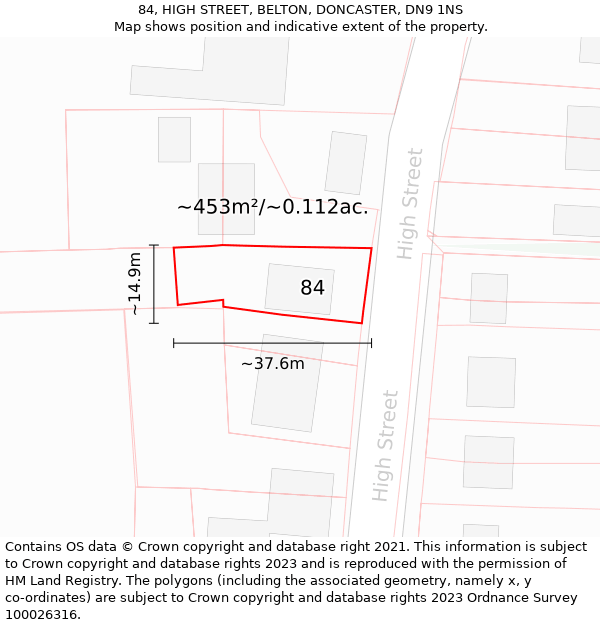 84, HIGH STREET, BELTON, DONCASTER, DN9 1NS: Plot and title map