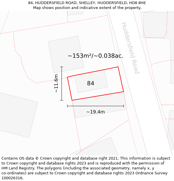 84, HUDDERSFIELD ROAD, SHELLEY, HUDDERSFIELD, HD8 8HE: Plot and title map