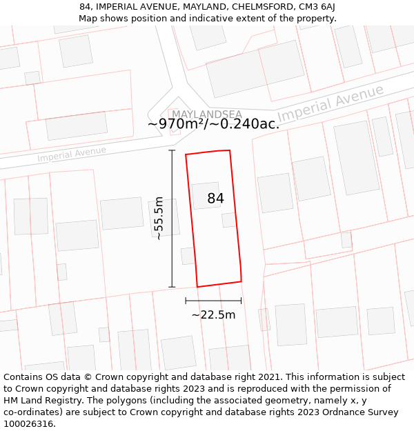 84, IMPERIAL AVENUE, MAYLAND, CHELMSFORD, CM3 6AJ: Plot and title map