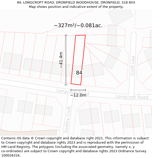 84, LONGCROFT ROAD, DRONFIELD WOODHOUSE, DRONFIELD, S18 8XX: Plot and title map