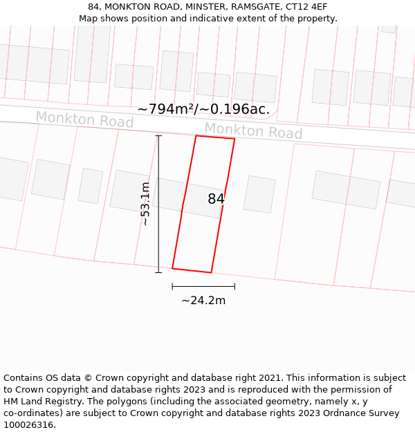 84, MONKTON ROAD, MINSTER, RAMSGATE, CT12 4EF: Plot and title map