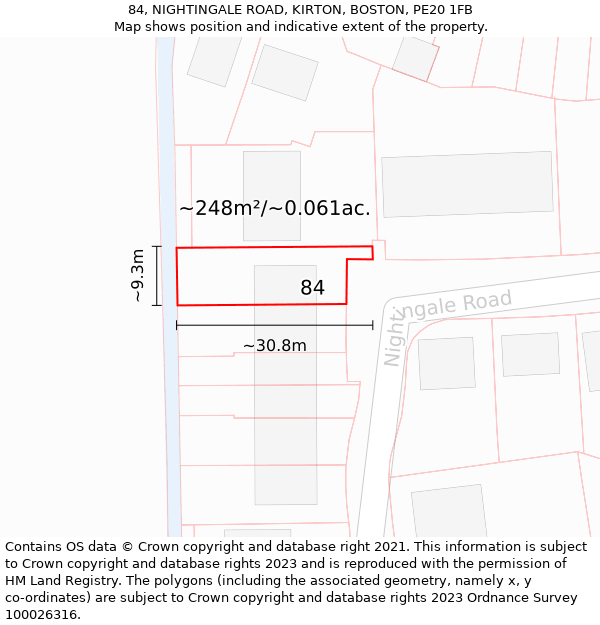 84, NIGHTINGALE ROAD, KIRTON, BOSTON, PE20 1FB: Plot and title map