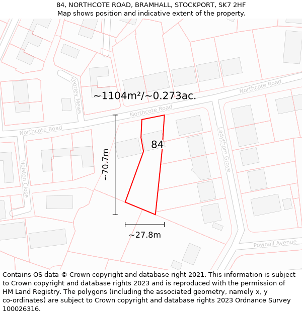 84, NORTHCOTE ROAD, BRAMHALL, STOCKPORT, SK7 2HF: Plot and title map