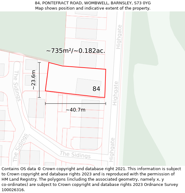 84, PONTEFRACT ROAD, WOMBWELL, BARNSLEY, S73 0YG: Plot and title map