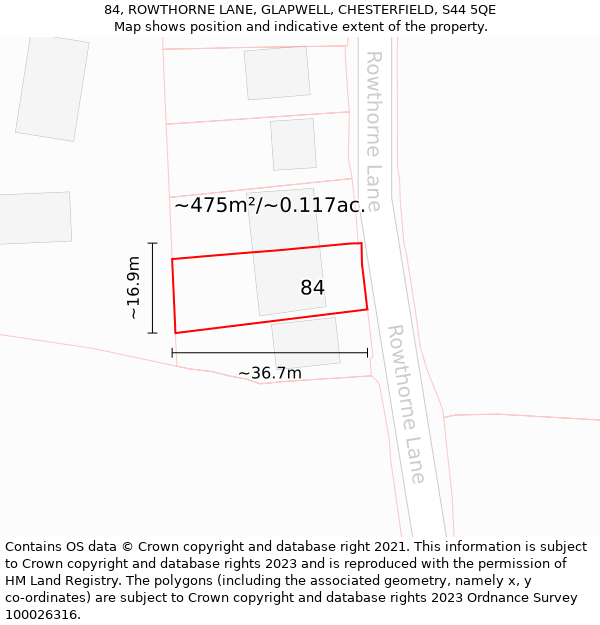 84, ROWTHORNE LANE, GLAPWELL, CHESTERFIELD, S44 5QE: Plot and title map