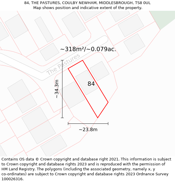 84, THE PASTURES, COULBY NEWHAM, MIDDLESBROUGH, TS8 0UL: Plot and title map