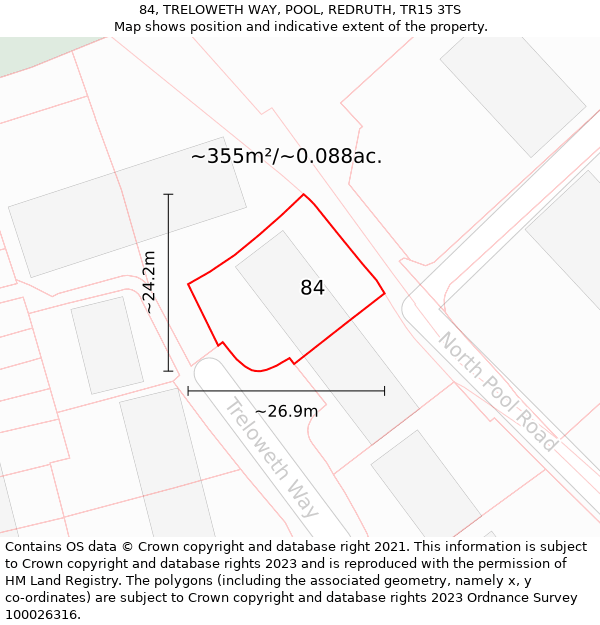 84, TRELOWETH WAY, POOL, REDRUTH, TR15 3TS: Plot and title map