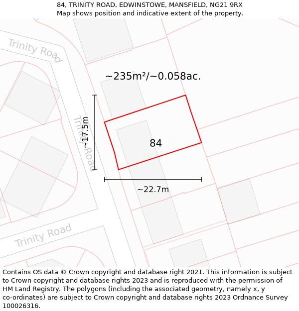 84, TRINITY ROAD, EDWINSTOWE, MANSFIELD, NG21 9RX: Plot and title map