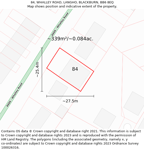 84, WHALLEY ROAD, LANGHO, BLACKBURN, BB6 8EQ: Plot and title map