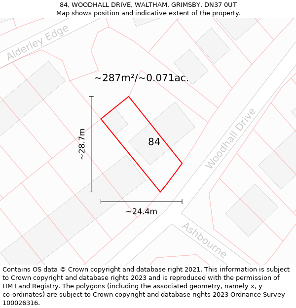 84, WOODHALL DRIVE, WALTHAM, GRIMSBY, DN37 0UT: Plot and title map