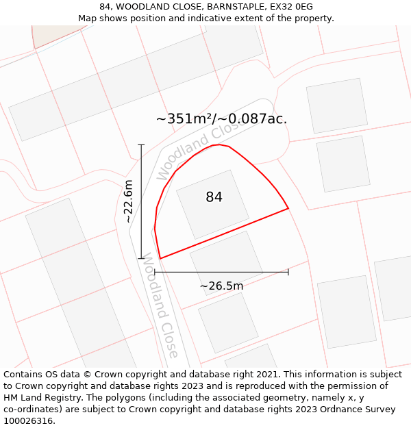 84, WOODLAND CLOSE, BARNSTAPLE, EX32 0EG: Plot and title map